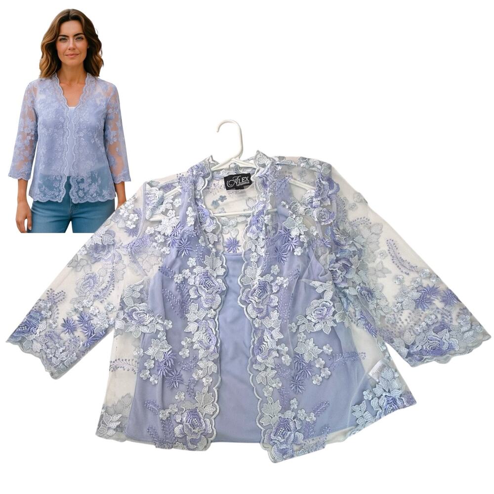 Alex Evenings 3/4 Sleeve Embroidered Twinset CAMI TOP & JACKET Women's LG Blue